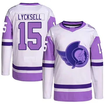 Youth Olle Lycksell Ottawa Senators ＃15 Authentic White/Purple Hockey Fights Cancer Primegreen Jersey