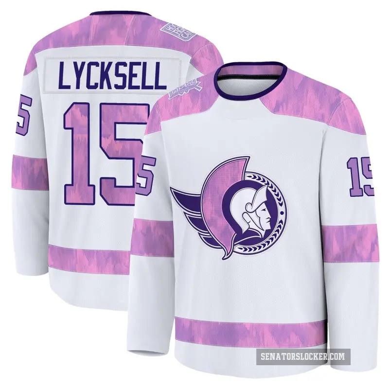 Youth Olle Lycksell Ottawa Senators ＃15 Premium White 2024 Hockey Fights Cancer Practice Jersey